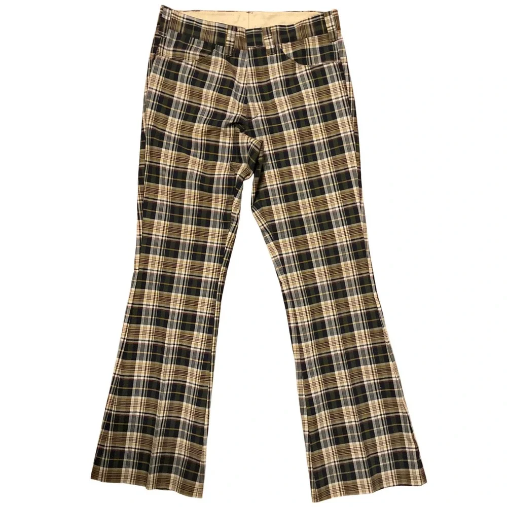 Vintage‎ 70s Lee Fastbacks Plaid Flared Trousers Green Gold Mens 32x31 USA Made